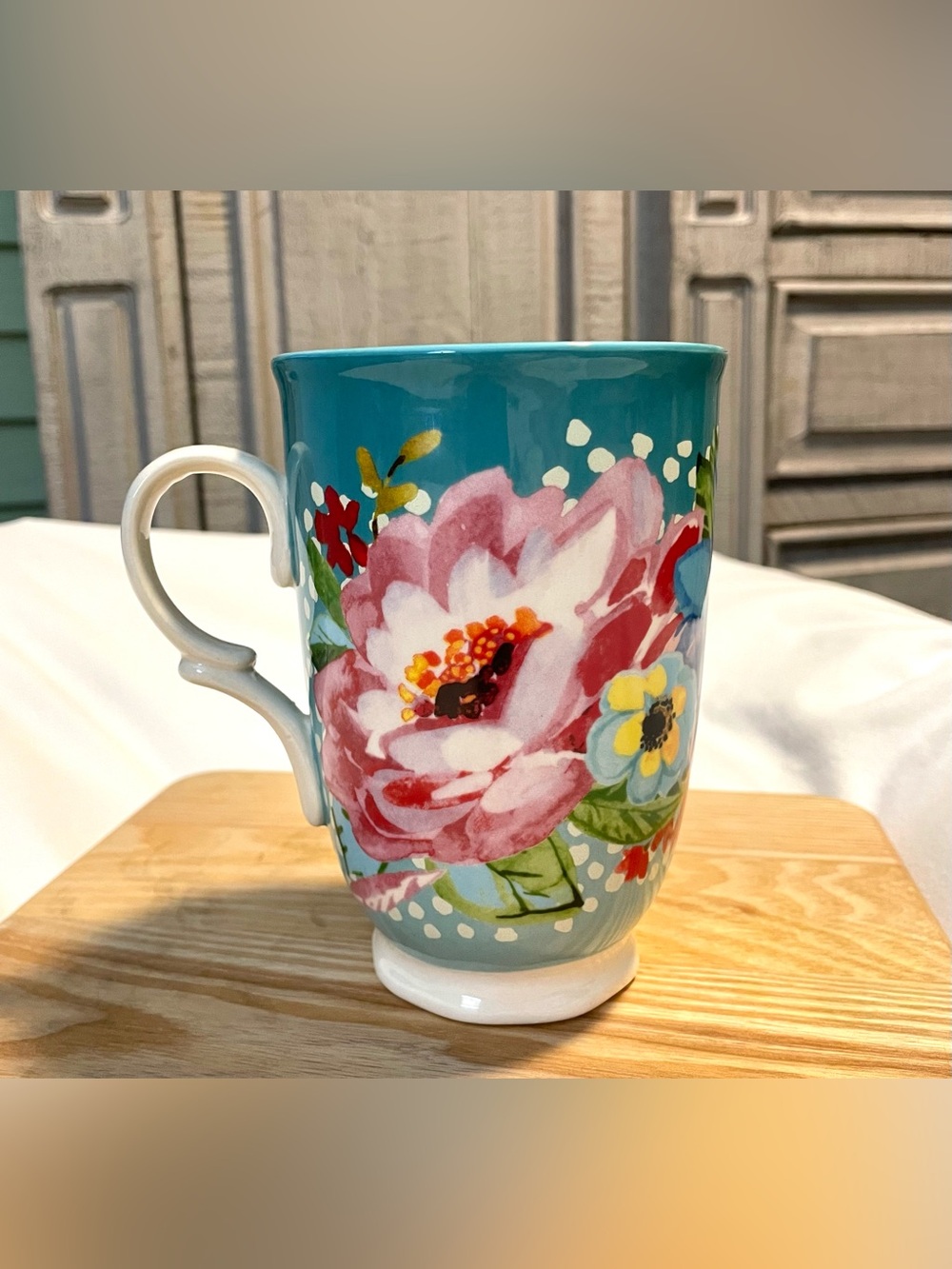 The Pioneer Woman Melody Teal Latte Mug/Cup - 2821DVD - 18 oz. - Floral Poppies
